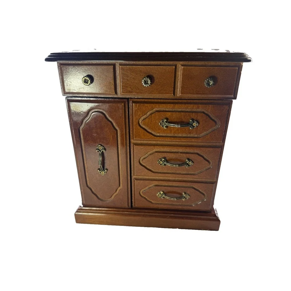 Vintage Wooden Jewelry Armoire Chest Box Taiwan Brass Hardware Multi Drawer 11